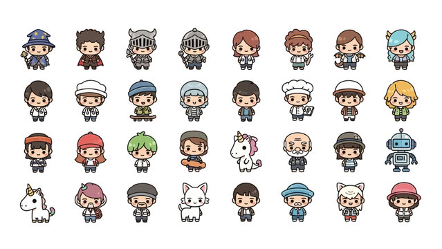 Set of diverse cute chibi characters including fantasy and professional icons