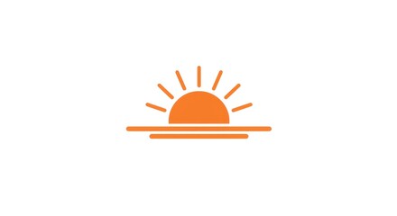 Minimalist vector icon of a vibrant orange sun with radiating rays over a horizon line. It symbolizes sunrise, sunset, warmth, hope, and new beginnings