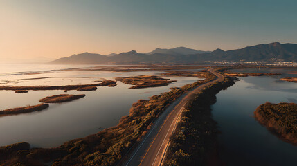 Fototapeta premium Aerial view of a winding road by water