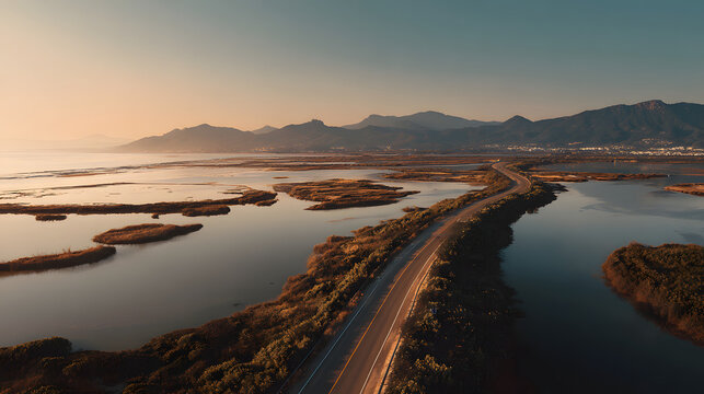 Aerial view of a winding road by water