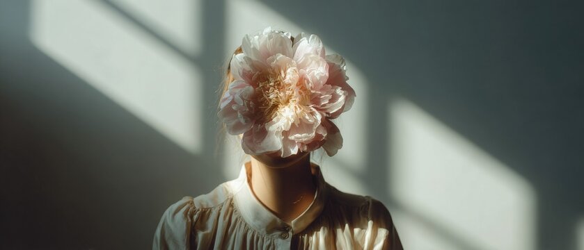 Person with flower obscuring face in soft sunlight indoors