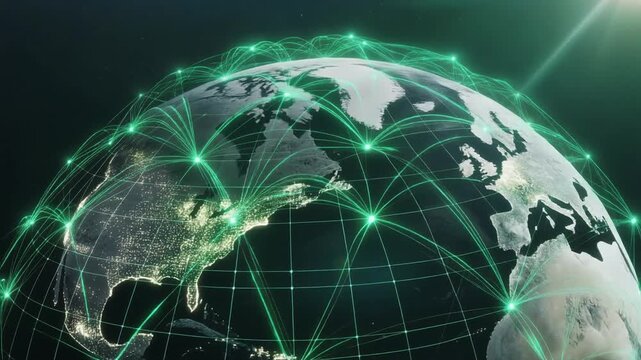 Bright 3D digital earth grid with flowing green energy particles symbolizing global sustainability and green technology connectivity in a clean environmental style