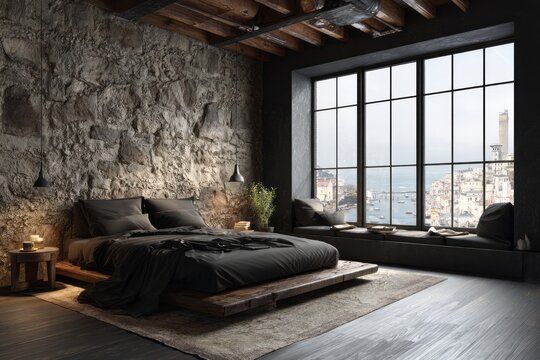 Rustic industrial bedroom features a dark platform bed against a stone wall overlooking a coastal city