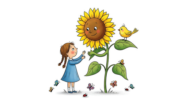 Cartoon Girl with Sunflower Bird and Insects