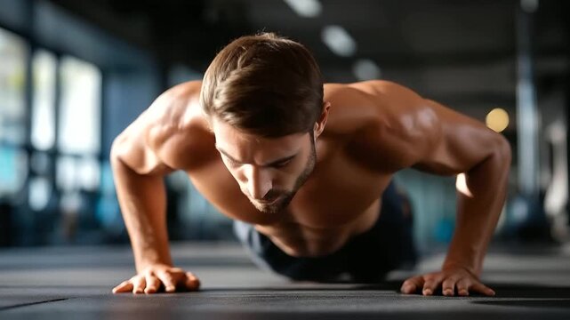 Muscular athletic person performing pushups at gym, strength training exercise, upper body workout, fitness floor routine, athletic dedication display, bodyweight exercise