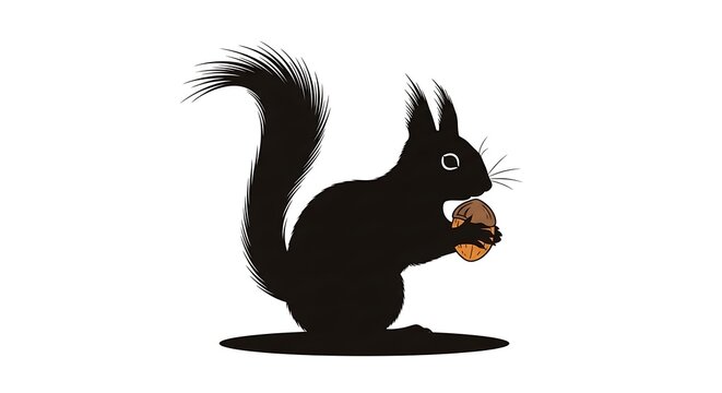 Black Squirrel Holding Acorn Silhouette Illustration.