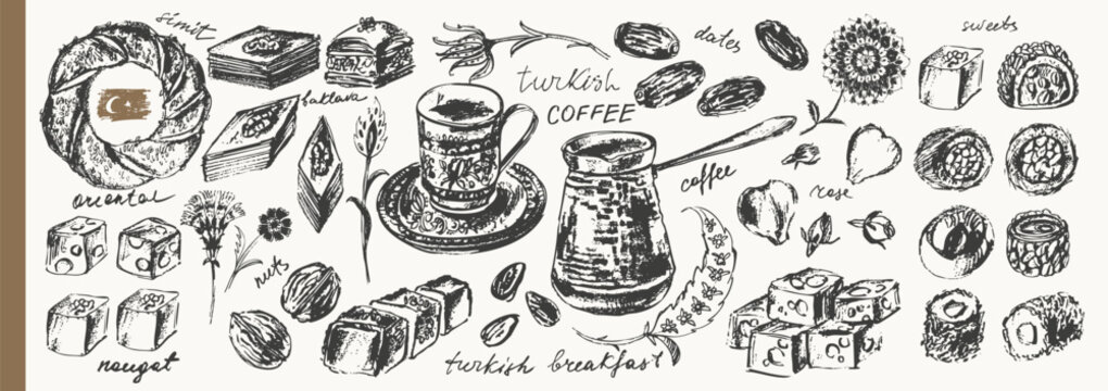 Traditional Turkish coffee ink sketches set. Coffee pot, cup, dates, nuts, sweets, baklava, locum, nougat. For food background, cafe menu