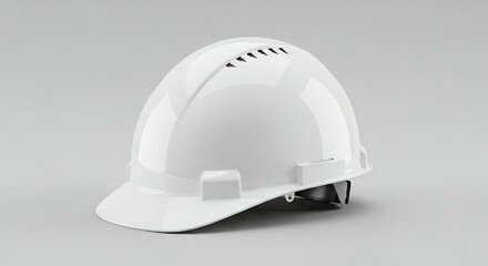 Fototapeta premium White hard hat on a plain gray background, safety equipment for construction and industrial work.