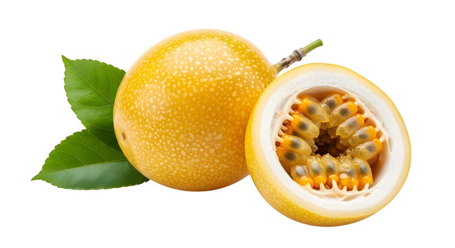 Fresh passionfruit with green leaves and cut open showing seeds