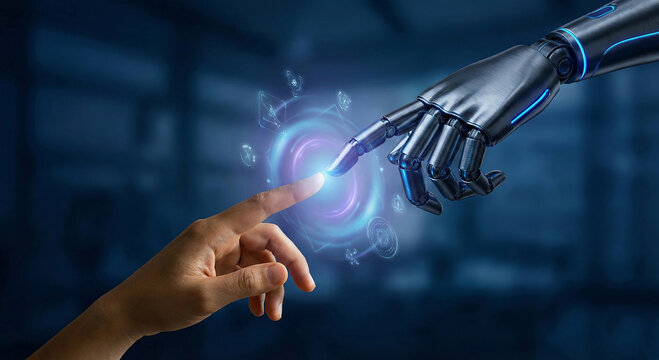 Robot hand touches human hand with index fingers. Blurred dark blue background. Human hand and robot are stretched towards each other diagonally. There is a glow at the point of contact. AI