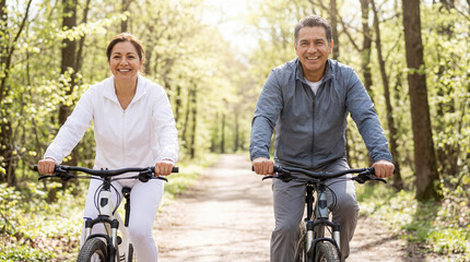 Obraz premium Active senior couple riding bicycles on a forest path.