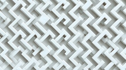 Seamless 3D abstract background featuring a complex monochrome geometric maze pattern with interlocking white modules casting subtle shadows and offering a minimalist futuristic aesthetic