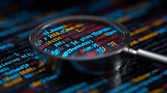 Magnifying glass over colorful source code on screen representing digital forensics security monitoring and code-level threat analysis.