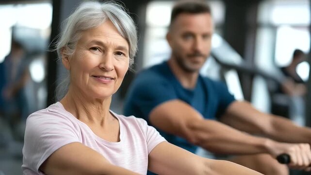 Energetic senior engaging in rowing workout, gym instructor nearby, elderly fitness training, mature cardio exercise, indoor rowing machine session, active aging activity,