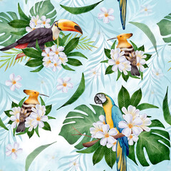 Tropical seamless pattern with macaw, toucan, hoopoe, monstera leaves and white plumeria flowers. Exotic jungle composition for fabric, textile, wallpaper, wrapping paper, packaging and decor. © Alona