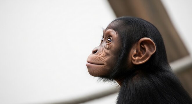 Cute baby chimpanzee looking up in profile close up on plain background
