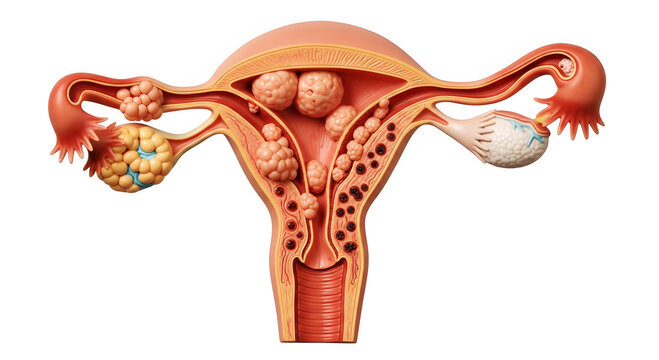 Anatomical model of uterus with fibroids and ovaries on white background anatomy medical