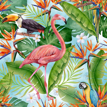 Tropical flamingo seamless pattern with banana leaves, palm foliage, toucan and bird of paradise flowers. Exotic jungle design for fabric, textile, wallpaper, wrapping paper, packaging, decor.