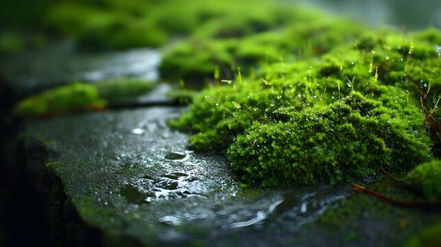 Wet Moss Covered Stone Texture with Dew and Forest Light