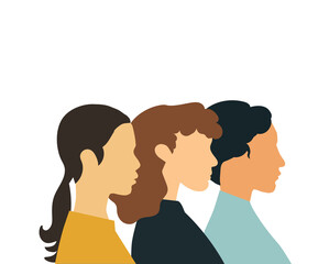 Fototapeta premium Three multicultural young women standing side by side. Colorful women's day, 8 of March, women community concept. Colorful illustration for an article, website, banner, poster, greeting card. 