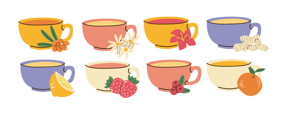 Cartoon tea cups with different tasty - lemon, strawberry, cranberry, orange, hibiscus, ginger root. Sea Buckthorn, Chamomile drink. Cups and berry, herbal and fruit tea set.
