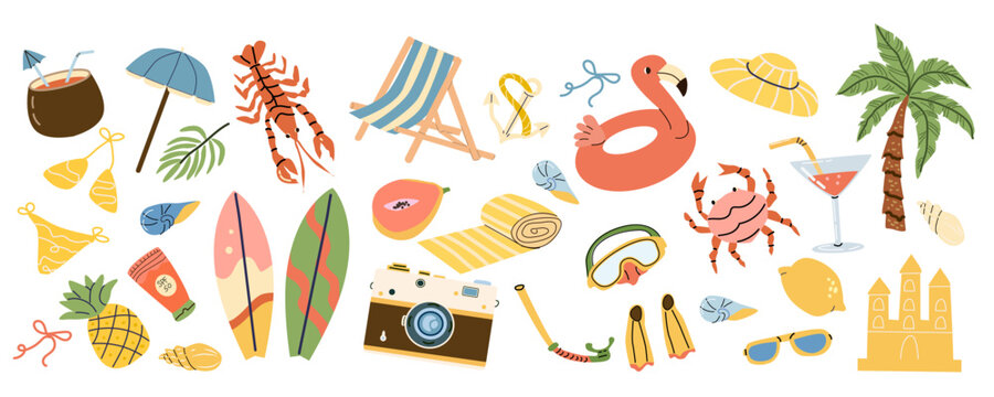 Tropical coastal summer stickers with vacation elements and beach accessories. Cartoon flat style sea holiday set with palm trees, sun, sunglasses, flip flops, shells, surfboard and cocktail, isolated