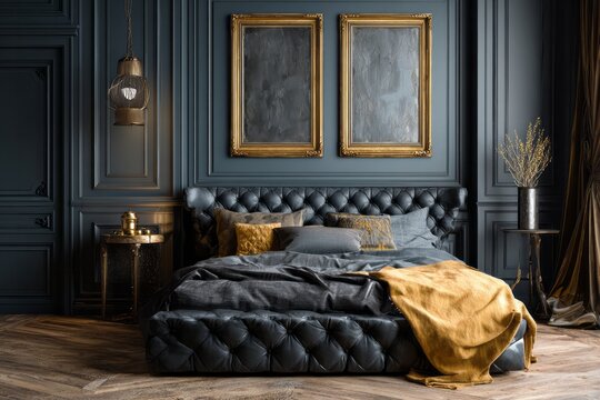 Opulent bedroom interior features dark paneled walls and rich textural contrast