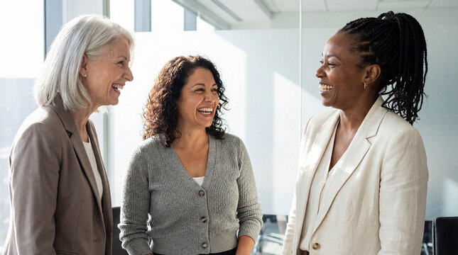 Diverse professional women laughing together in a modern office.