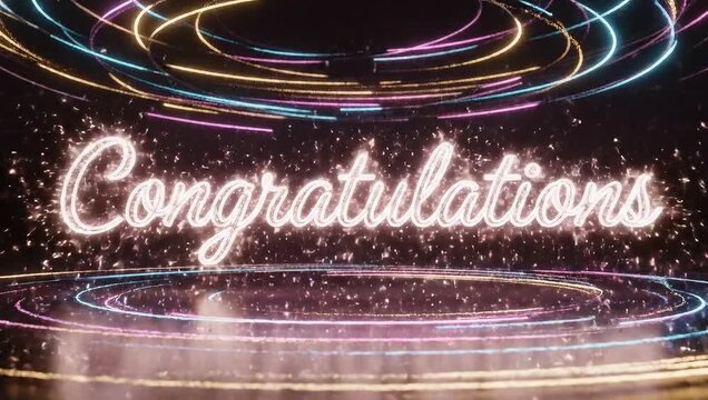 Elegant congratulations message written in glowing neon script surrounded by falling golden glitter particles and dynamic swirling light rings for a celebratory announcement or achievement.