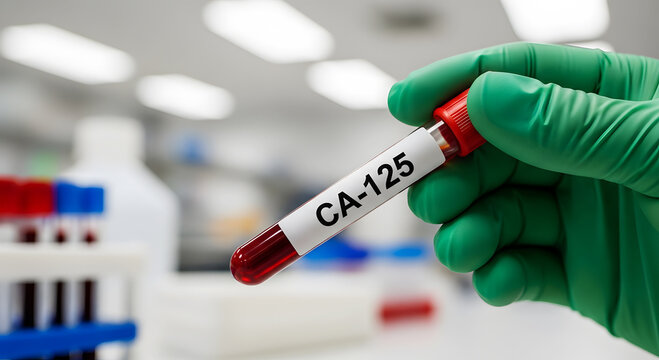 Hand in green glove holding blood sample tube labeled C A-125 in laboratory image