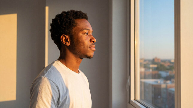Pensive young Black man looking out apartment window at sunrise.