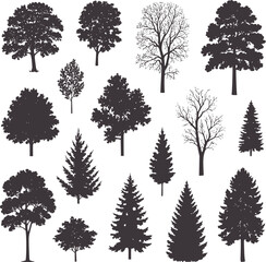 Collection of diverse dark grey tree silhouettes white © Rakibul V