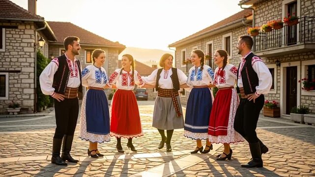 Traditional dancers in folk costumes performing a cultural dance in a charming village square at sunset