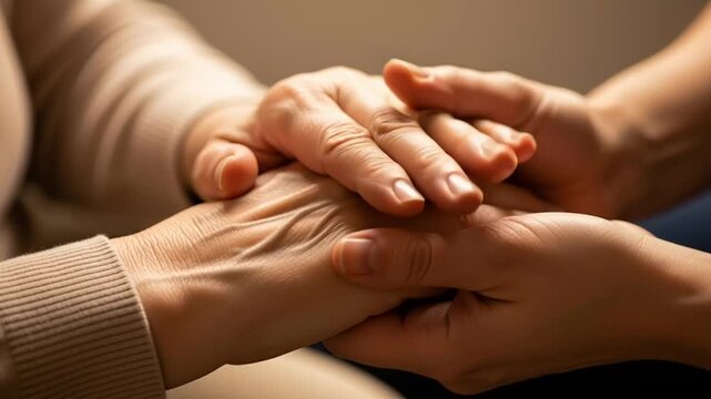 A compassionate person offering comfort and support by holding someone's hands in a moment of need