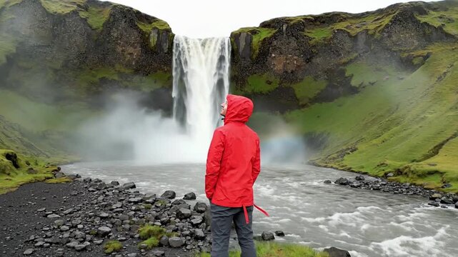 Watching the waterfall at Seljalandsfoss in Iceland during a rainy afternoon