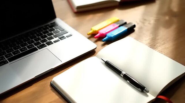 Modern Workspace with Laptop and Open Notebook on Wooden Desk