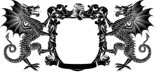 Naklejka premium Dragons coat of arms or crest family heraldry medieval heraldic knight shield with helmet and acanthus filigree scroll ornament in a vintage woodcut style.