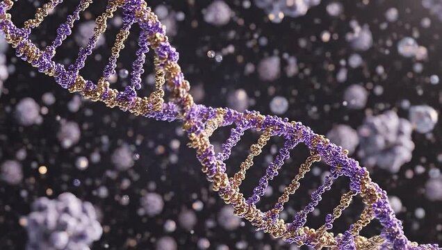 Macro View of a Vibrant Purple and Gold DNA Double Helix Structure Rotating in a Microscopic Environment with Blurred Viral or Cellular Particles