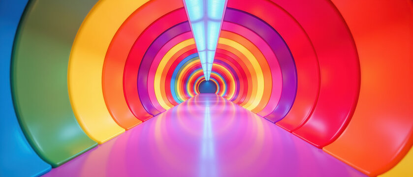 Colorful tunnel rainbow arch vibrant light futuristic corridor glossy floor abstract pattern symmetry immersive playful modern design