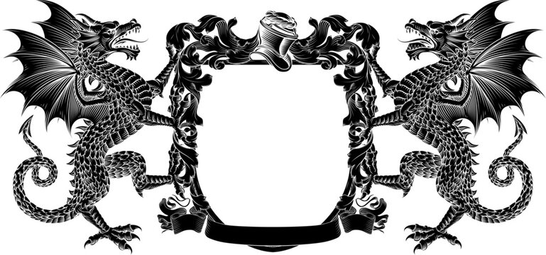 Dragons coat of arms or crest family heraldry medieval heraldic knight shield with helmet and acanthus filigree scroll ornament in a vintage woodcut style.