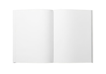 Fototapeta premium A close-up view of an open, blank white notebook on a white surface isolated on transparent background