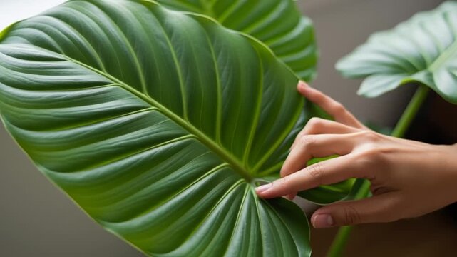 A person's hand gently touching a large green leaf of a houseplant in a bright indoor setting
