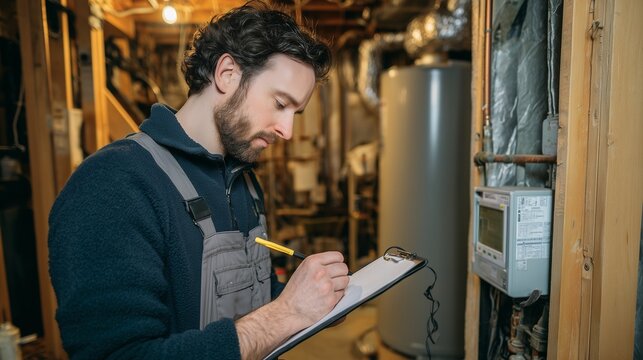 Technician performing home energy audit in utility room, inspecting boiler, pipe, and meter while taking notes on clipboard.