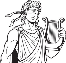 Obraz premium Blindfolded God Apollo With Lyre. Ancient classical Greek mythological deity holding traditional musical instrument isolated. Historic Roman antiquity line art drawing for classic mythology art design