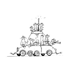 Fototapeta premium Whimsical illustration of a fantastical vehicle with multiple passengers and protruding features on a white background