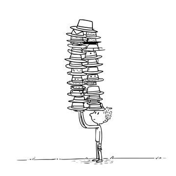 Cartoon man carrying extremely tall stack of various hats on head symbolizing many roles or responsibilities