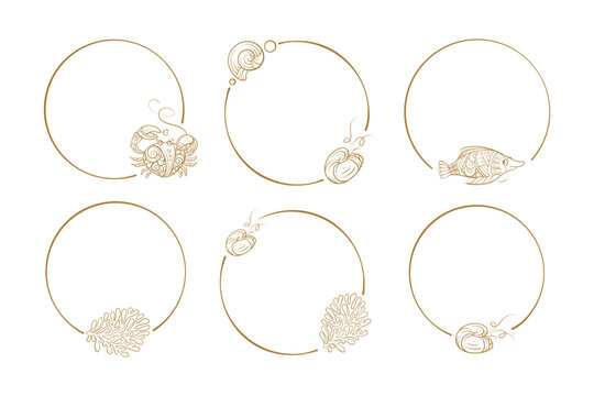 Vector round frames collection. Intricate sea doodles decor with happy summer vacation vibes