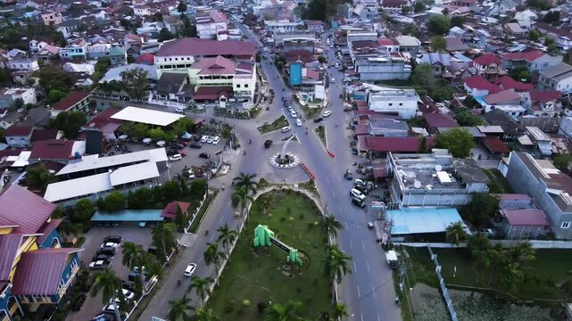 Drone Aerial of Lhokseumawe City Center Intersection, Aceh, Indonesia