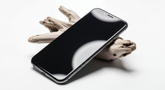 Sleek iPhone X on a natural wooden stand, showcasing modern technology and organic aesthetics.
