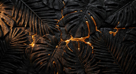 Luxury 3D relief of matte black monstera and palm leaves with glowing gold kintsugi veins. Elegant charred wood texture with molten gold accents for premium botanical branding and interior decor.